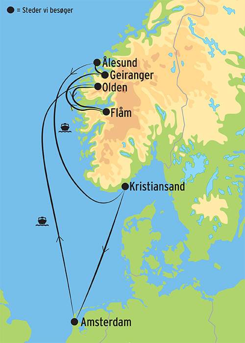 Kort over jeres krydstogt til de norske fjorde